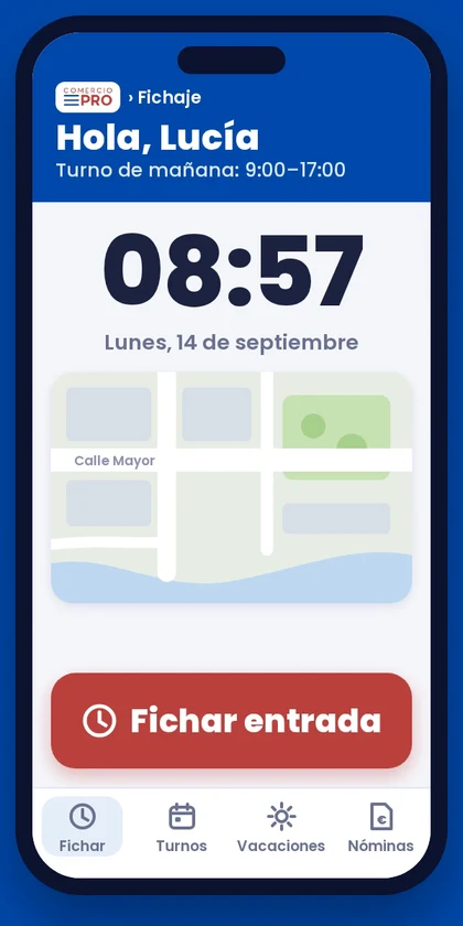 App de fichaje de ComercioPro con el botón Fichar entrada