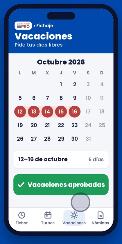 Pantalla de vacaciones aprobadas en el calendario