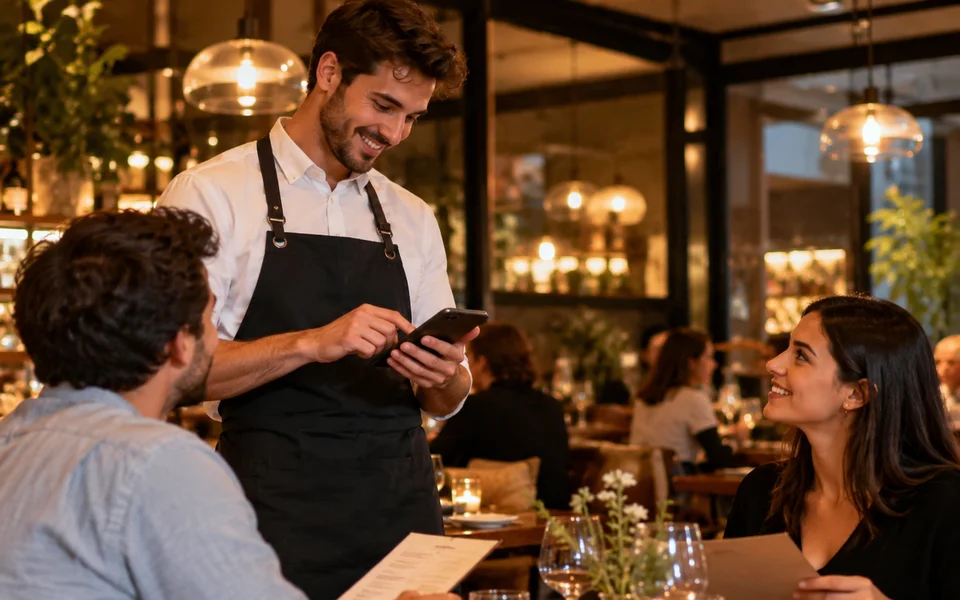 Camarero tomando la comanda en el móvil en un restaurante