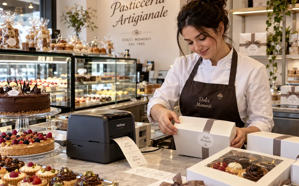 Pastelera imprimiendo etiquetas personalizadas para sus cajas