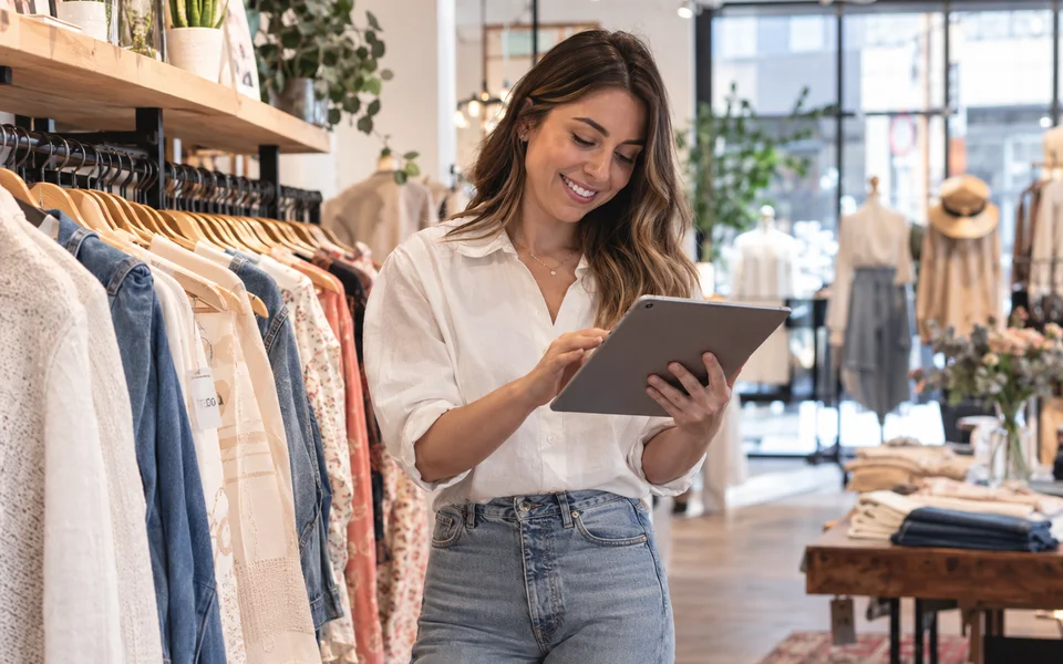 Dependienta de una tienda de moda consultando el stock en una tablet