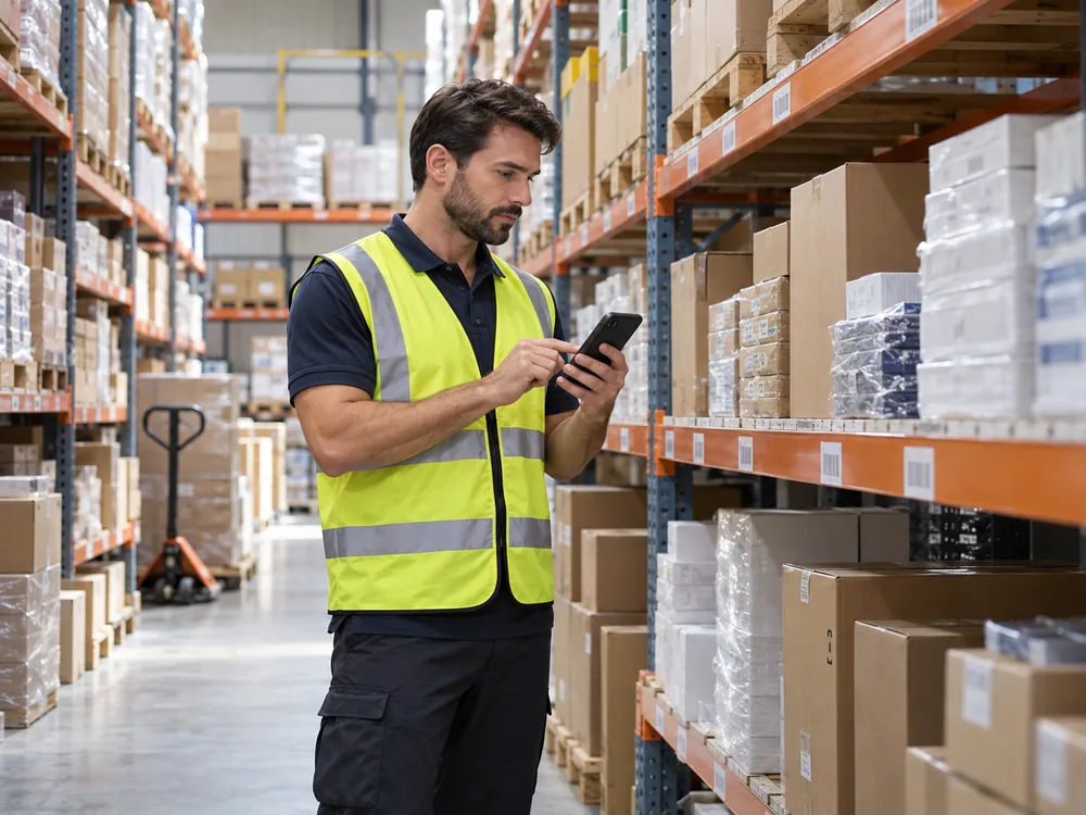 Encargado de almacén consultando el stock en el móvil